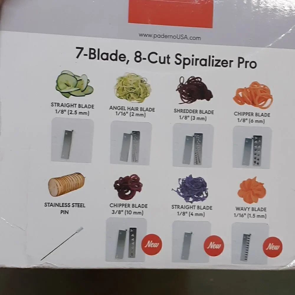 Paterno 7 blade, 8 cut spiraling pro and hand held grater/slicer